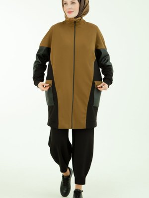 Spor Fermuarlı Cep Detaylı Deri Garnili Tunik Ve Pantolonlu İkili Takım