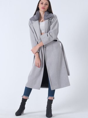 Gri Oversize Geniş Kesim Uzun Yakası Kürklü Kaşe Kaban