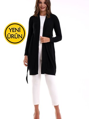 Siyah Uzun Kol Önü A Pile Kuşaklı Jakar Esnek Penye Kaftan Hicab & Hırka Siyah Uzun Kol Önü A Pile Kuşaklı Jakar Esnek Penye Kaftan Hicab & Hırka