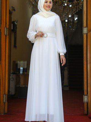 Ekru Kemer Detaylı Zambak Şık Abiye Elbise