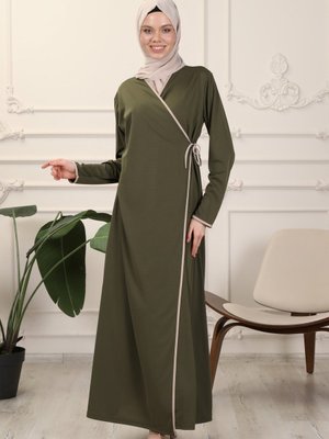 Haki Kruvaze Yaka Biyeli Esnek Interlok Kumaş Namaz Elbisesi