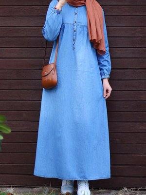 Mavi Robalı Patlı Kot Elbise