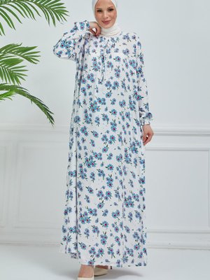 Mavi Çiçekli Bağcıklı Elbise