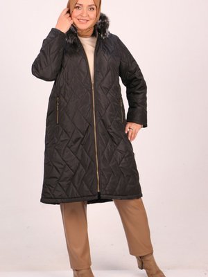 Siyah Büyük Beden Çıkarılabilir Kapüşonlu Kapitone Ceket