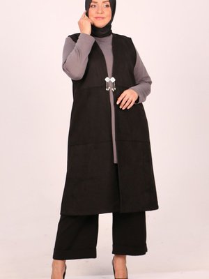 Siyah Büyük Beden Parçalı Nubuk Yelek