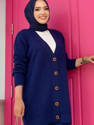 Lacivert Kendinden Desenli Düğmeli Triko Hırka