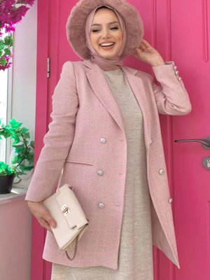 Kadın Pudra Kare Desenli Ceket T