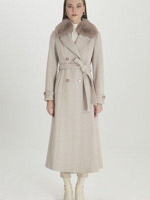 Kürk Detaylı Kruvaze Yaka Bej Kaşe Kaban