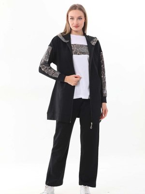 Leopar Pul Payet Detaylı Siyah Renk Günlük Lü Spor Takım