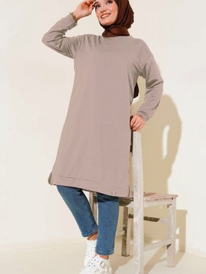 Yanları Yırtmaçlı Basic Uzun Tunik Vizon