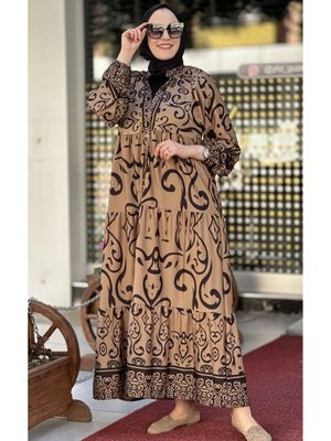 Şal Hediyeli Hasır Desenli Kışlık Elbise Bej