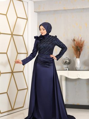 Portatif Kuyruklu Omuzu Fırfırlı Sueda Abiye Elbise Lacivert