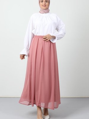 Beli Lastikli Şifon Etek Pembe Beli Lastikli Şifon Etek Pembe