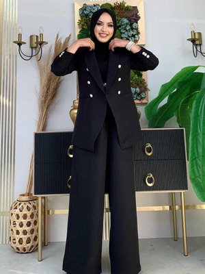 Düğme Detay Blazer Ceket Bol Pantolon Takım Siyah