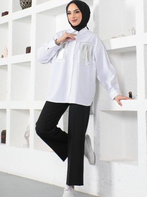 Önü Varak Baskılı Gömlek Beyaz