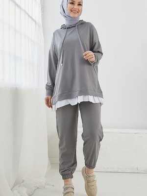Losya Yanları Fermuarlı Kapüşonlu İkili Takım Gri Losya Yanları Fermuarlı Kapüşonlu İkili Takım Gri