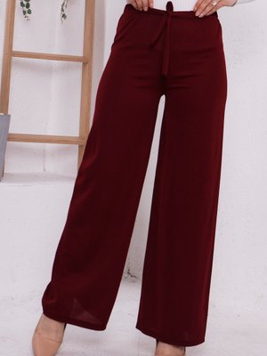 Bordo Beli Lastikli Geniş Paça Kuşaklı Pantolon Bordo Beli Lastikli Geniş Paça Kuşaklı Pantolon