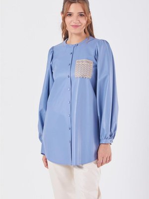 Sıfır Yaka Suni Deri Havacı Mavi Bluz