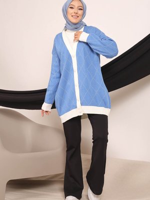 Mavi Modest Düğmeli Desenli Triko Hırka