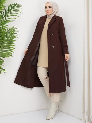 Kahve Çift Düğmeli Kaban, Kruvaze Yaka Kaşe Kaban Kışlık