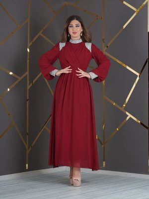 Bordo Taşlı Abiye Elbise