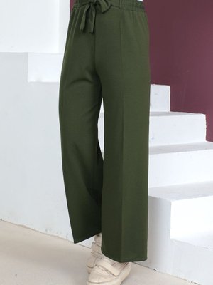 Beli Lastikli Bol Paça Pantolon Haki Beli Lastikli Bol Paça Pantolon Haki