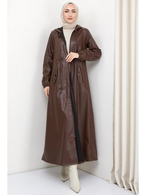 Kahverengi Kapüşonlu Bağlamalı Uzun Deri Trençkot