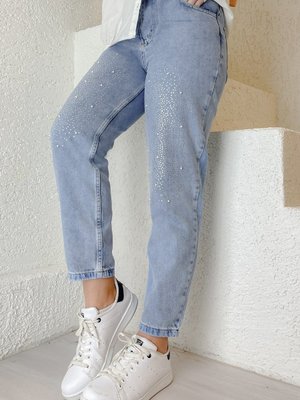 Boncuk Detaylı Kot Pantolon Buz Mavisi