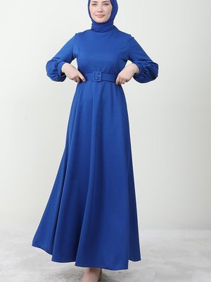 Kemerli Kloş Elbise Gece Mavi Kemerli Kloş Elbise Gece Mavi