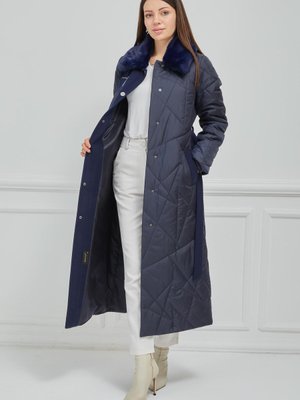 Yakası Çıkabilir Kürklü Kaşe Garnili Kapitone Uzun Kap Lacivert