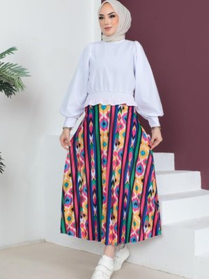 4551 Desenlii Tesettür Piliseli Etek Fuşya