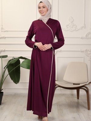 Mürdüm Kruvaze Yaka Biyeli Esnek Interlok Kumaş Namaz Elbisesi