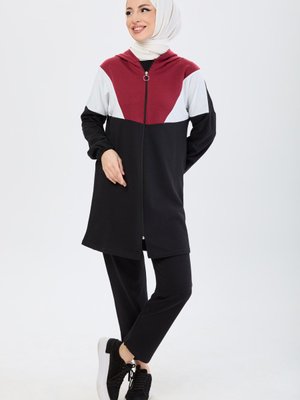 Bordo Kapüşonlu Tunik Pantolon
