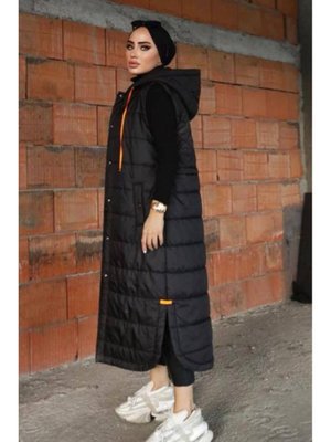 Kapüşonlu Yırtmaç Detaylı Uzun Kapitone Şişme Yelek Neon Garnili