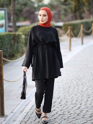 Bel Büzgülü İkili Takım Siyah Bel Büzgülü İkili Takım Siyah