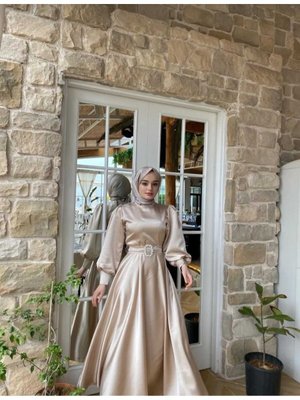 Siyah Saten Kemerli Bellae Elbise