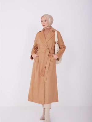 Belden Kuşaklı Kaşe Kaban Bej