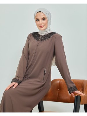 Süzine Taşlı Nakış Detaylı Vizon Büyük Beden Yazlık Ferace