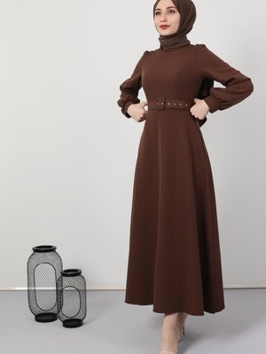 Kemerli Kloş Elbise Kahve Kemerli Kloş Elbise Kahve