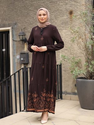 Koyu Kahve Desenli Elbise