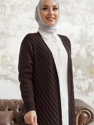 Jolie Örgü Desenli Triko Uzun Hırka Acı Kahve