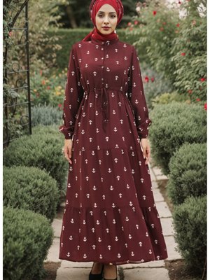 Çapa Desen Viskon Elbise Mürdüm