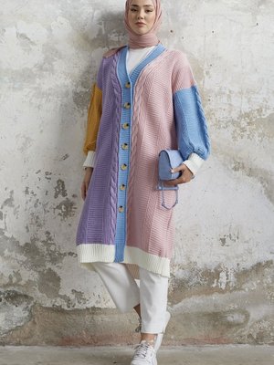 Louse Blok Renkli Uzun Triko Hırka Pudra