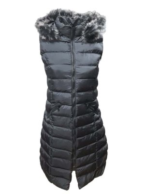 Ay Bilge Kapüşonlu Kürklü Uzun Şişme Yelek Siyah Siyah