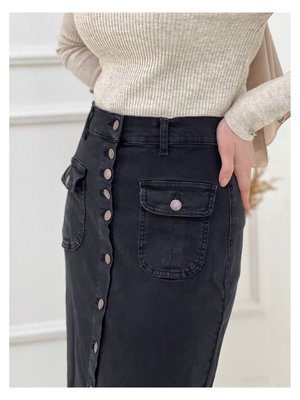 Boydan Düğmeli Körük Cepli Kot Etek Siyah