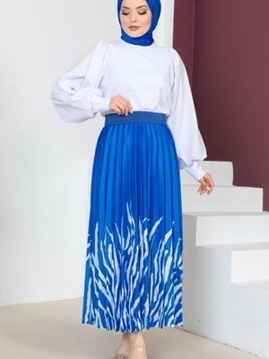 Desenli Etek Saks Mavisi