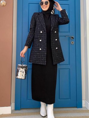 Kadın Siyah Kare Desenli Ceket T