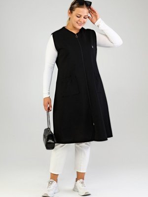 Kadin Buyuk Beden Battal Tesettur Uzun Kolsuz Fermuarli Yelek Siyah