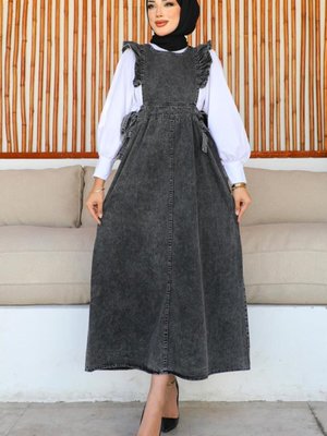 Yanları Bağcıklı Jile Elbise Siyah