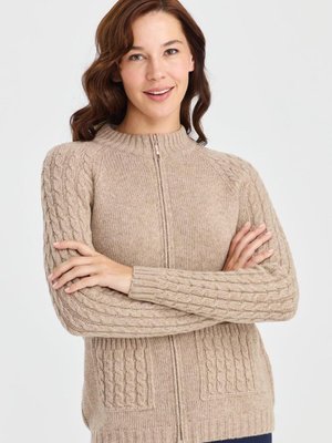 Koyu Bej Dik Yaka Cebi Ve Kolu Saç Örgü Hırka Koyu Bej Dik Yaka Cebi Ve Kolu Saç Örgü Hırka